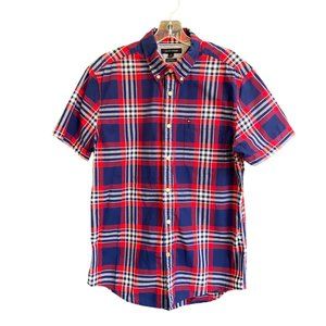 TOMMY HILFIGER RED, BLUE, WHITE PLAID MEN'S SHORT SLEEVE CUSTOM FIT‎ SHIRT SZ L